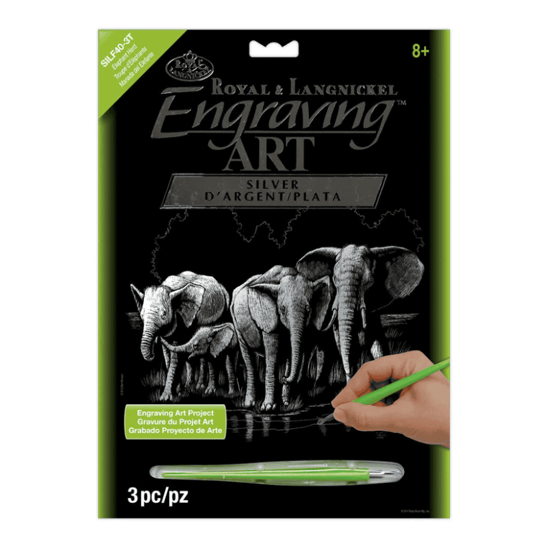 Pracht Royal & Langnickel – Image à Gratter Argentée Troupeau D’éléphants – Avec Stylet Et Modèle, 20,3 X 25,4 Cm